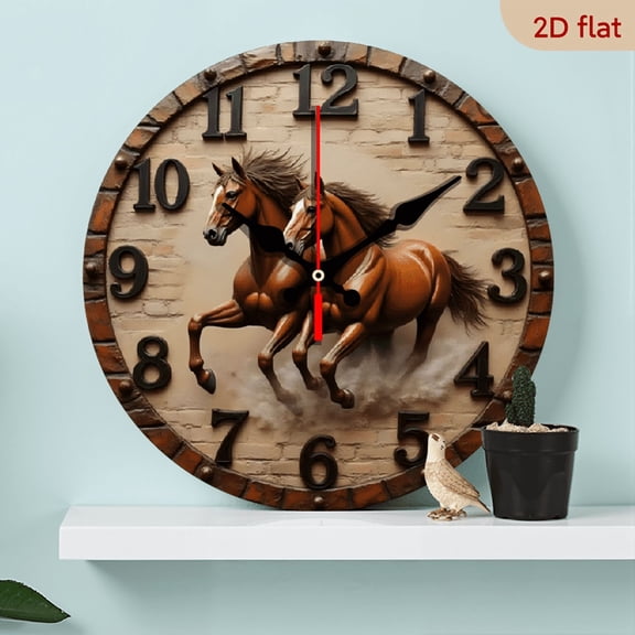 The 10-inch 2D flat "Galloping horse pattern" silent wooden wall clock is an ideal gift for Halloween, Easter and Christmas