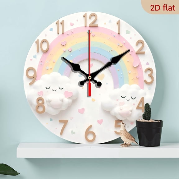 The 10-inch 2D flat "Rainbow and white clouds" silent wooden wall clock is an ideal gift for Halloween, Easter and Christmas.