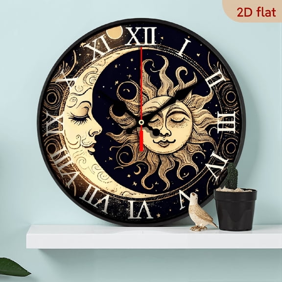 The 10-inch 2D flat "Sun and Moon" silent wooden wall clock is an ideal gift for Halloween, Easter and Christmas.