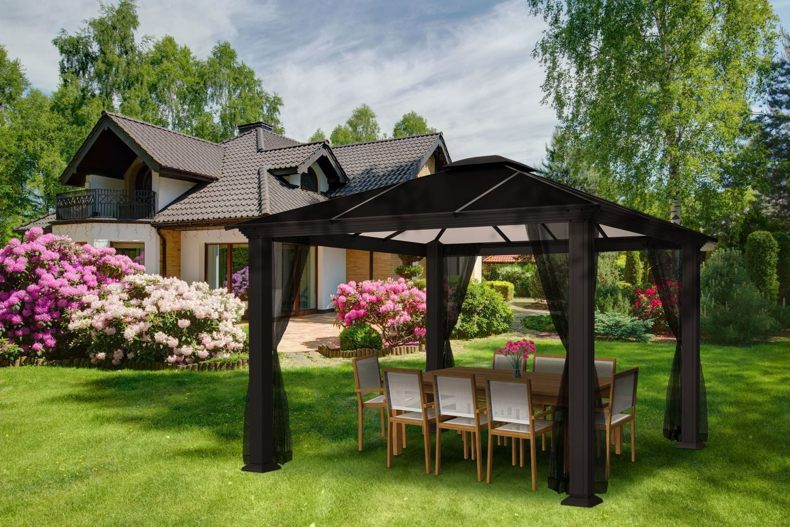 Santa Monica 10x12 Black Aluminum Hard-Top Gazebo with Netting
