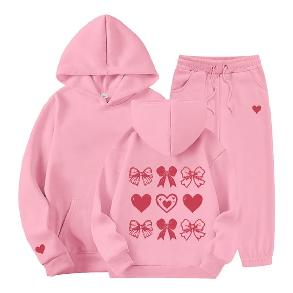 The 2 Piece Casual Red Bow Heart Print Hoodie Jogger Pants Outfit Set