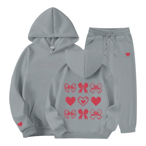 The 2 Piece Casual Red Bow Heart Print Hoodie Jogger Pants Outfit Set