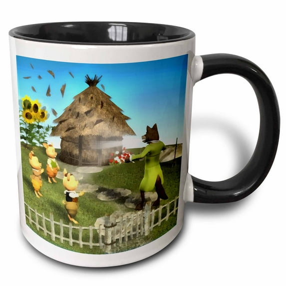 3drose, the 3 Little Pigs and the Big Bad Wolf, 11oz Two-tone Black Mug
