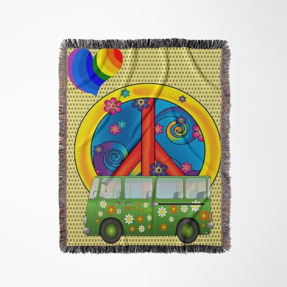 The 60S Peace,Love,Flower Power Van And Peace Sign Art, Woven Blanket