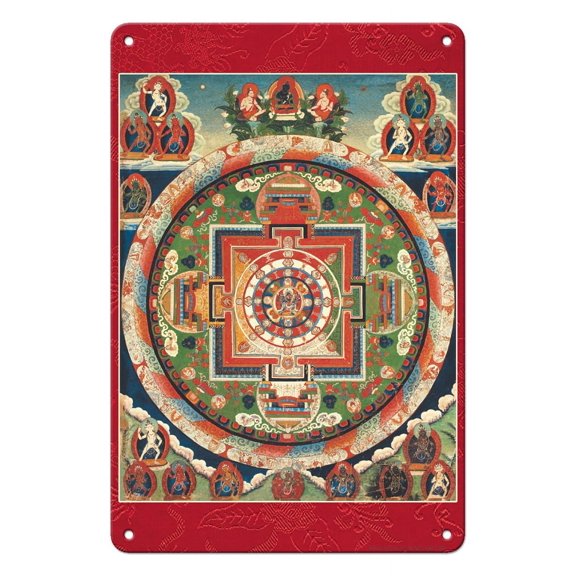 The 62 Deity Mandala of Chakrasamvara - Vintage Tibetan Thangka Buddhist Painting - Tibet, 19th Century - 8 x 12 inch Vintage Metal Tin Sign