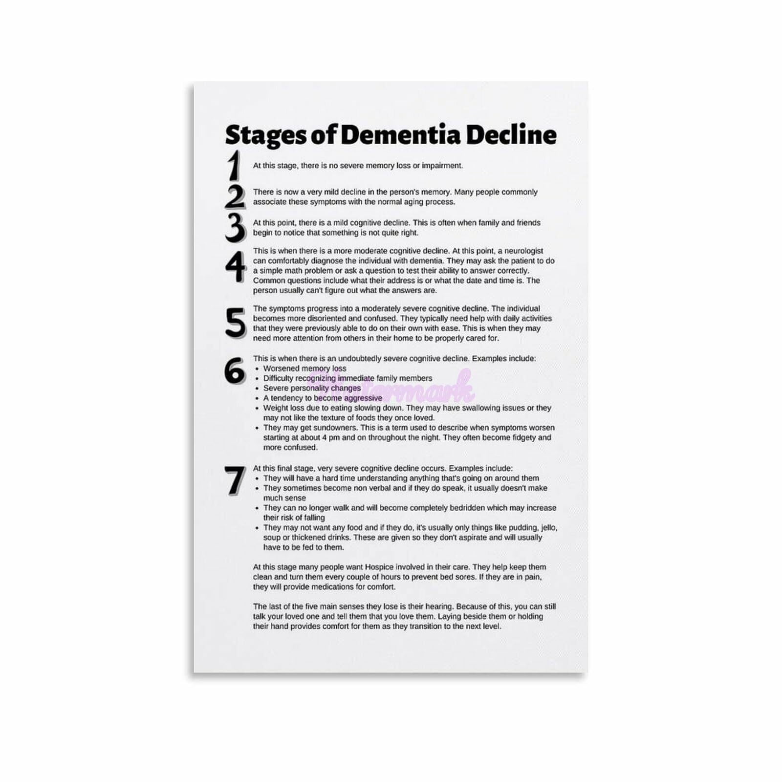 The 7 Stages of Dementia Decline Infographic Poster Canvas Painting ...