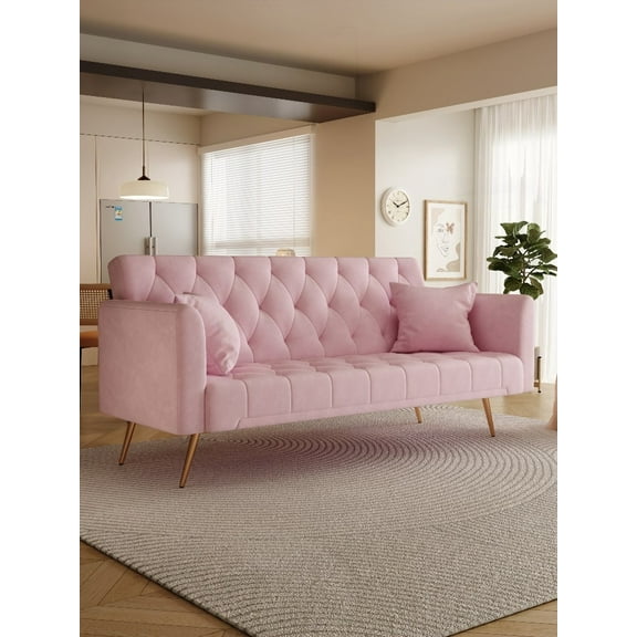 The 71 inch convertible love seat sofa in American retro pink velvet is ideal for small rooms.