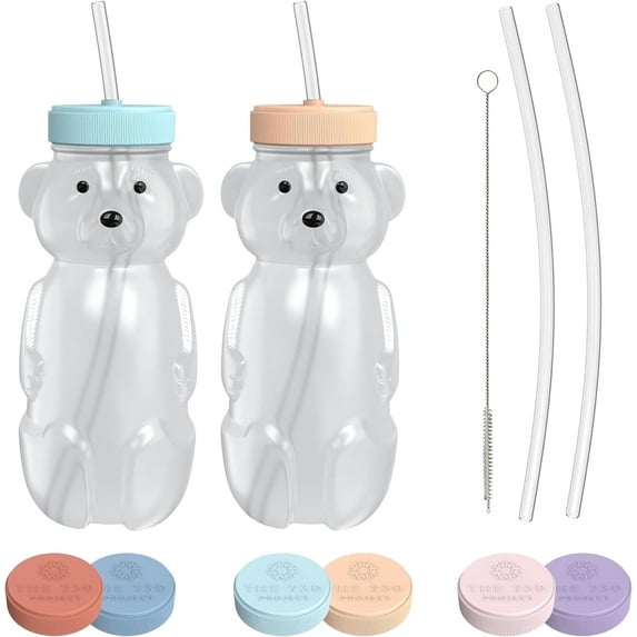 The 730 Project Honey Bear Straw Cup for Toddlers, Therapy Set Baby Bottle, 8 oz, Aqua/Peach, 2 Pack