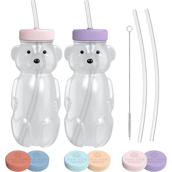 The 730 Project Honey Bear Straw Cup, Reusable Drinking Therapy Set, 8 oz, Pink/Purple, 2 Pack