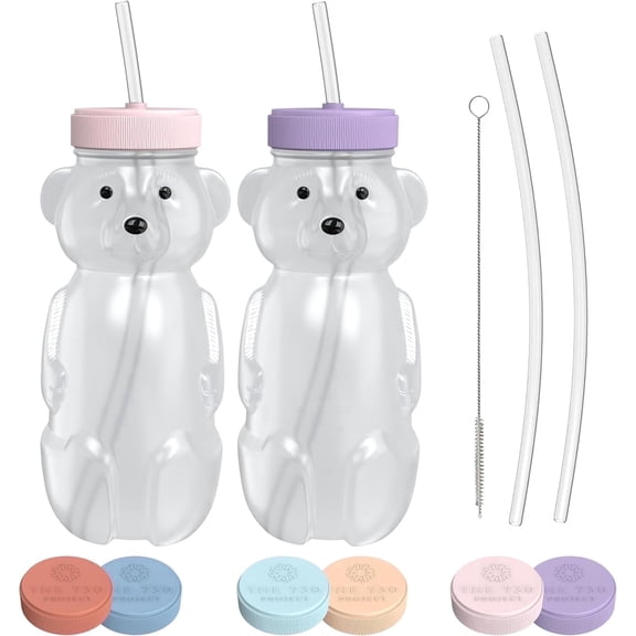 The 730 Project Honey Bear Straw Cup, Reusable Drinking Therapy Set, Straw Learning Cup, 8 oz, Pink/Purple, 2 Pack