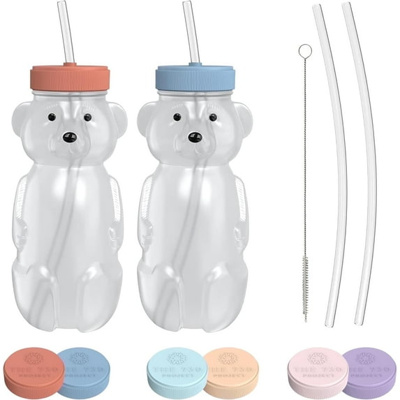 The 730 Project Honey Bear Straw Cup for Toddlers, 8 oz, Therapy Baby Bottle, Red/Blue, 2 Pack
