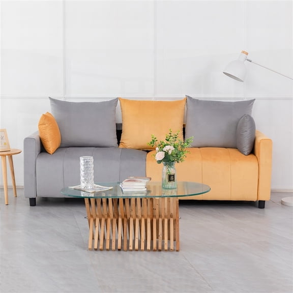 The 82" Velvet Modern Sofa in Light Grey & Yellow Two-Tone, 2-Seater for Living Room with Easy Assembly