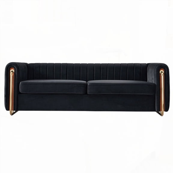 The 84.25''W Living Room Velvet Sofa Couch in Black Featuring Gold Metal Legs