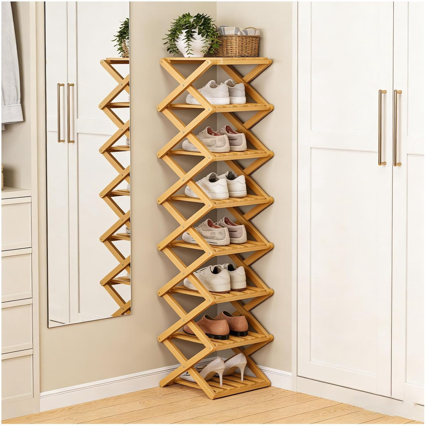 Tall Racks The 9-Tier No-Assembly Bamboo Rack, Foldable Shoe Rack, Collapsible ...