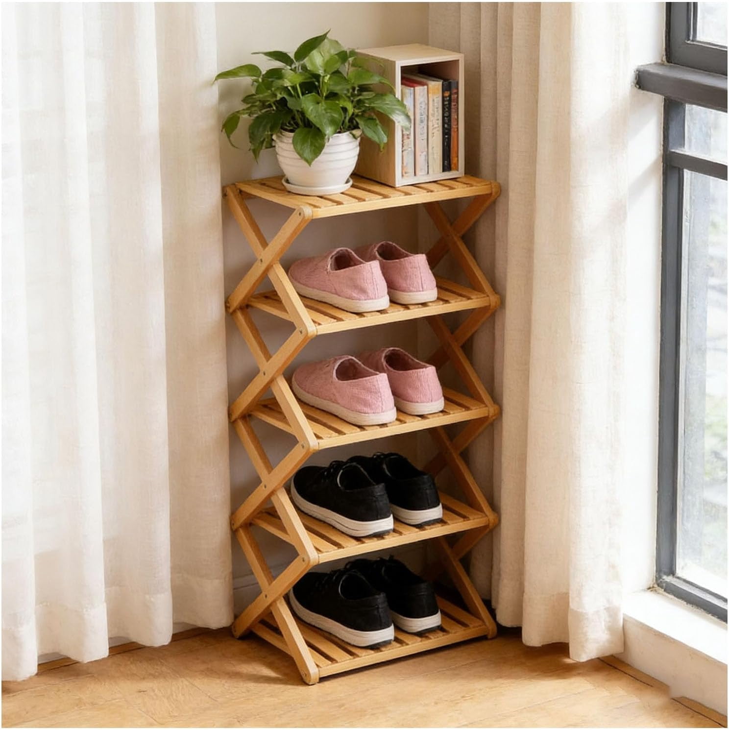 Tall Racks The 9-Tier No-Assembly Bamboo Rack, Foldable Shoe Rack, Collapsible ...