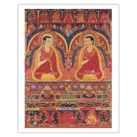 The Abbotts Of Taklung - Kagyu Lineage Masters - Vintage Tibetan Thangka Buddhist Painting - Tibet, 13th Century - Fine Art Matte Paper Print (Unframed) 11x14in