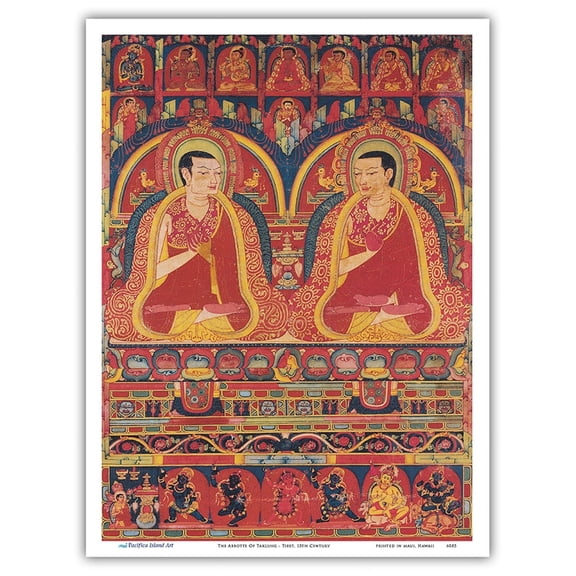 The Abbotts Of Taklung - Kagyu Lineage Masters - Vintage Tibetan Thangka Buddhist Painting - Tibet, 13th Century - Master Art Print (Unframed) 9in x 12in