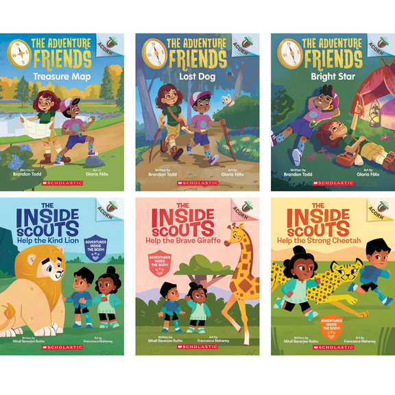 The Adventure Friends & The Inside Scouts (An Acorn Book Set) Treasure Map; Lost Dog; Bright Star; Help the Kind Lion; Brave Giraffe; Strong Cheetah (Paperbacks)