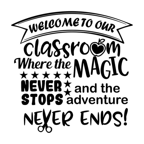 The Adventure Never Ends Welcome To Our Classroom Quote Vinyl Design Wall Art Sticker Designs Vinyl Stickers For Home House Walls Rooms Windows Bedroom Decoration Size (20x20 inch)