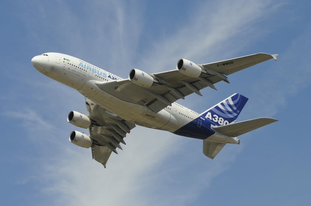 The Airbus A380 prototype in flight over England Canvas Art - Riccardo NiccoliStocktrek Images (17 x 12)