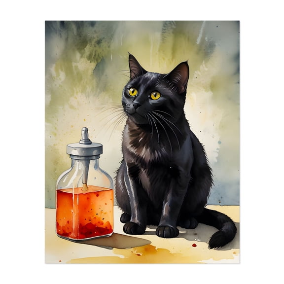 The Alchemist’s Cat - Painting Cat Animal Halloween Illustration Watercolor Mystical Whimsical Unframed Wall Art Print 6 x 8 inches