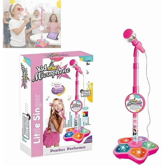 The All-in-One Microphone Toy, 2026 New Karaoke Microphone Toy with Adjustable Stand and LED Lights, Christmas Birthday Gifts for Little Singers Pink