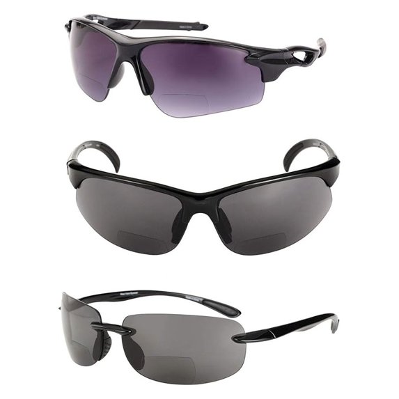 "The Allstars" 3 Pair Assortment of Bifocal Sport Wrap Reading Sunglasses for Men and Women - Black/Black - 1.75