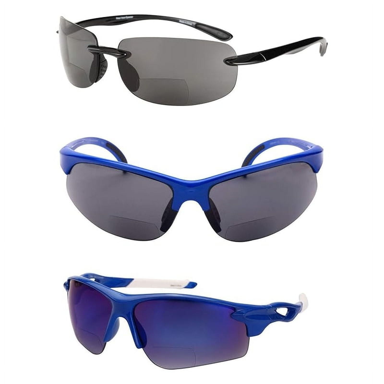 "The Allstars" 3 Pair Assortment of Bifocal Sport Wrap Reading Sunglasses for Men and Women - Black/Blue - 1.50