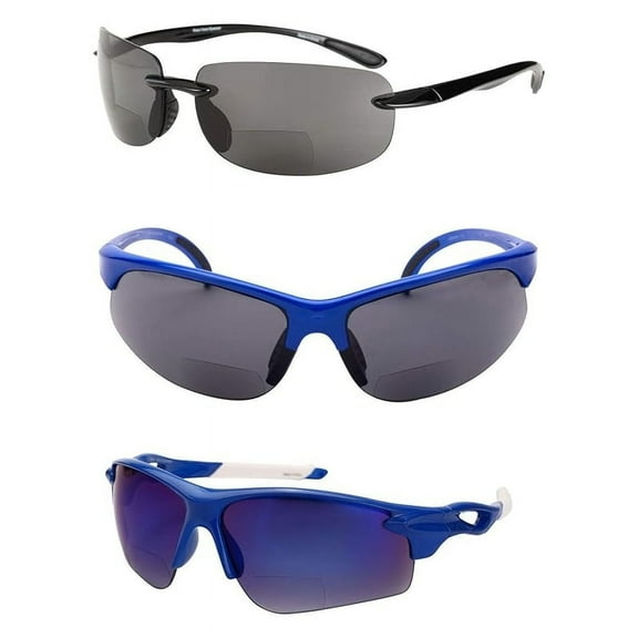"The Allstars" 3 Pair Assortment of Bifocal Sport Wrap Reading Sunglasses for Men and Women - Black/Blue - 2.00