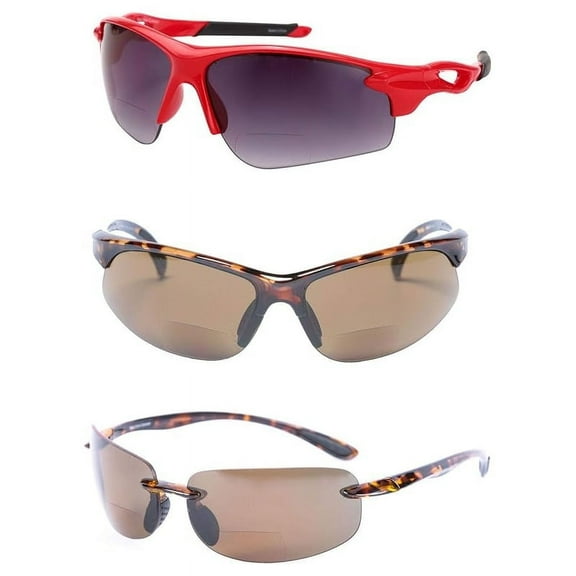 "The Allstars" 3 Pair Assortment of Bifocal Sport Wrap Reading Sunglasses for Men and Women - Brown/Red - 1.75