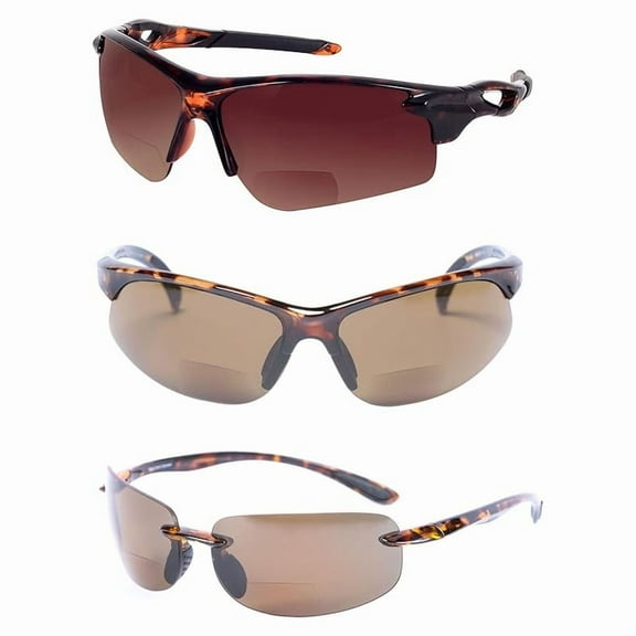 "The Allstars" 3 Pair Assortment of Bifocal Sport Wrap Reading Sunglasses for Men and Women - Tortoise/Tortoise - 1.50