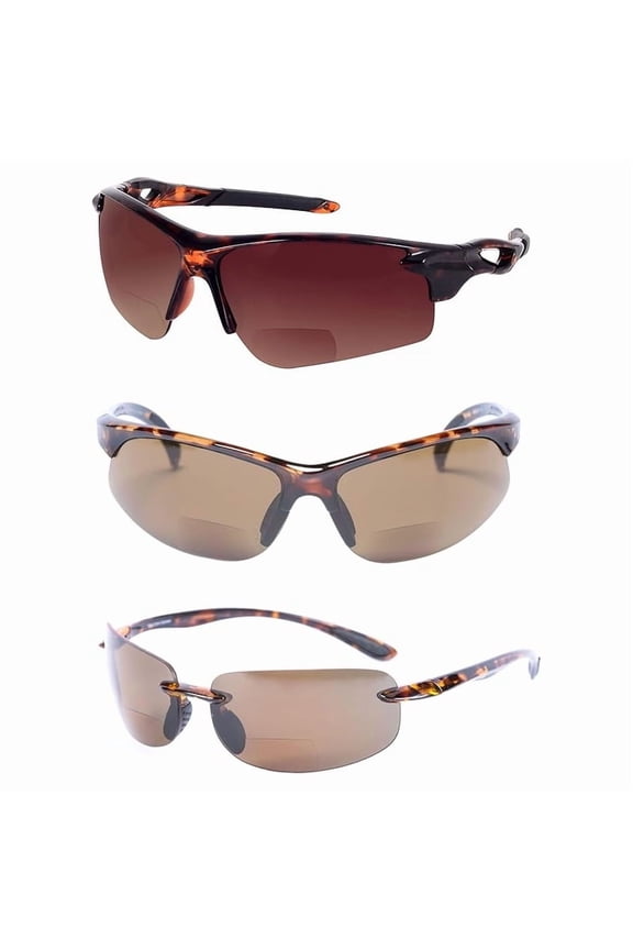 "The Allstars" 3 Pair Assortment of Bifocal Sport Wrap Reading Sunglasses for Men and Women - Tortoise/Tortoise - 1.50