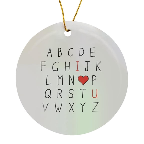 3drose, the Alphabet with I and U in Red and a Heart for the O on White., Circle Porcelain Ornament