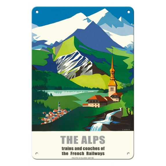 The Alps - Trains and Buses of French Railways - SNCF (French National Railway) - Vintage Travel Poster by Jean Jacquelin c.1966 - 8 x 12 inch Vintage Metal Tin Sign