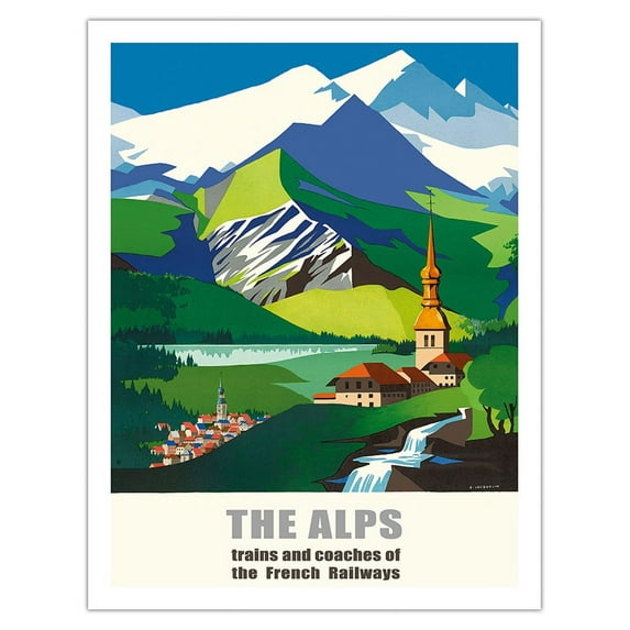 The Alps - Trains and Buses of French Railways - SNCF (French National Railway) - Vintage Travel Poster by Jean Jacquelin c.1966 - Fine Art Matte Paper Print (Unframed) 20x26in