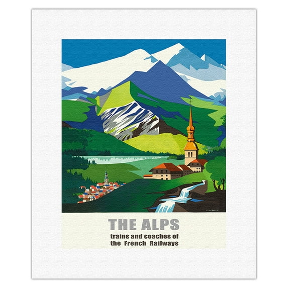 The Alps - Trains and Buses of French Railways - SNCF (French National Railway) - Vintage Travel Poster by Jean Jacquelin c.1966 - Fine Art Rolled Canvas Print 11in x 14in