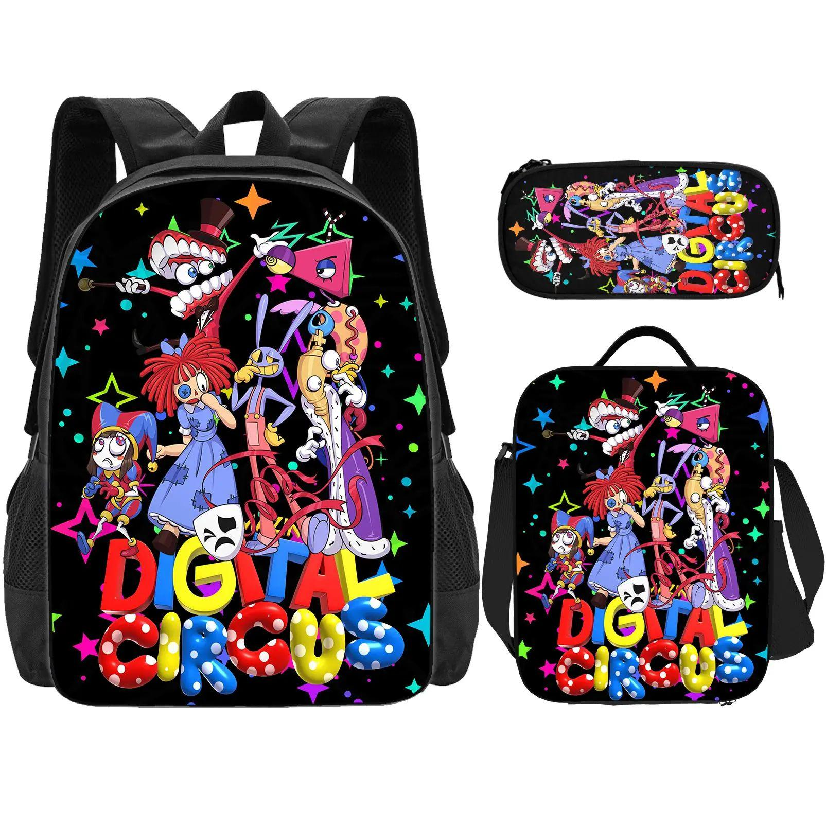 The Amazing Digital Circus Backpack 3 Set 17'' Cartoon Character Print Knapsack Lunch Bag Pencil Case/Wallet Casual Spacious Schoolbag