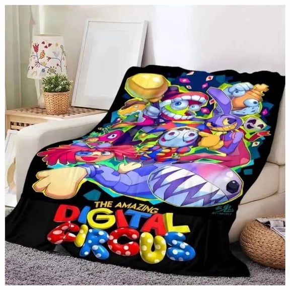 The Amazing Digital Circus Flannel Blanket, Colorful Cartoon Character Collage Throw Blanket, Animation Fan Room Decor