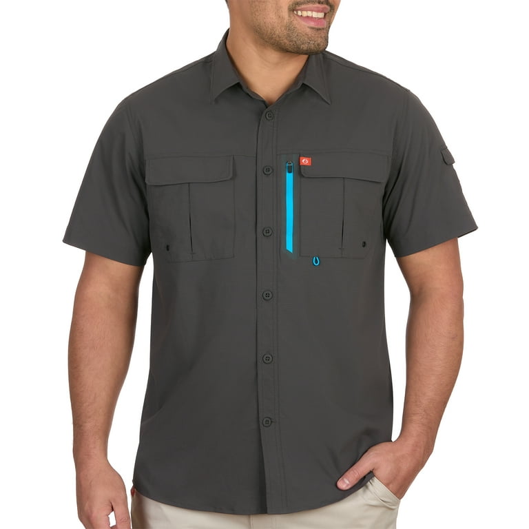 The American Outdoorsman Blackfoot River Fishing Shirt, Short Sleeve -  Quick Dry, UPF 30 UV Protection, Modern Fit, Breathable Eyelets and  Waterproof Chest Zip Multiple Pocket (Raven, Medium) 