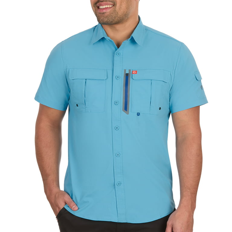 The American Outdoorsman Blackfoot River Fishing Shirt, Short Sleeve -  Quick Dry, UPF 30 UV Protection, Modern Fit, Breathable Eyelets and  Waterproof Chest Zip Multiple Pocket (Ethereal Blue, Large) 
