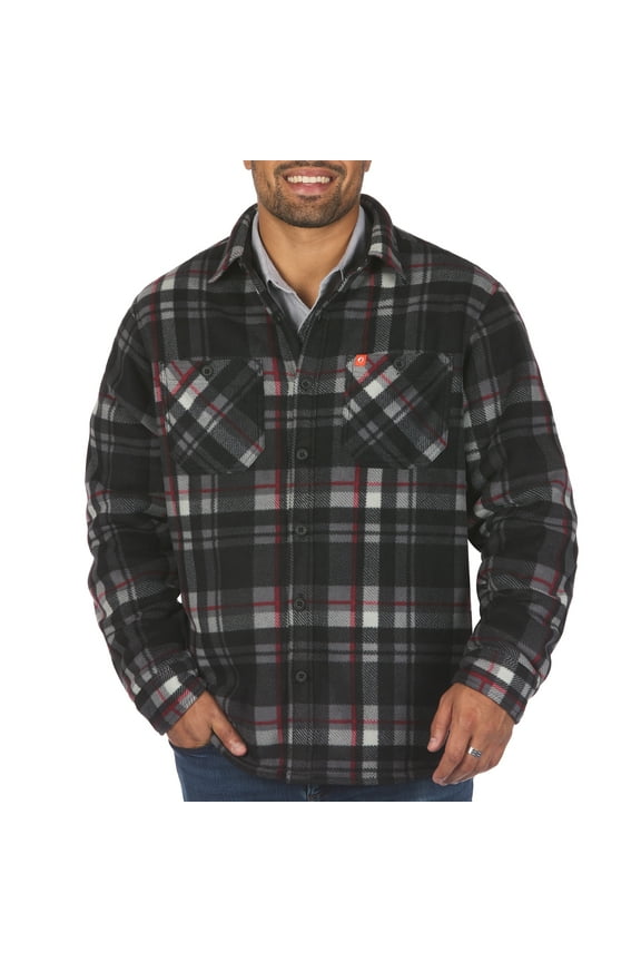 Men's Bonded Sherpa Fleece Lined Flannel Print Polar Fleece Shirt Jacket (Black/Grey, Medium)