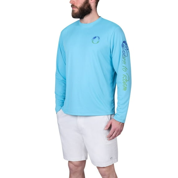 The American Outdoorsman Men's Lightweight UPF 50+ UV Sun Protection Outdoor Long Sleeve Breathable Water Print Shirt (Flag Print - Caribe Blue, XXL)