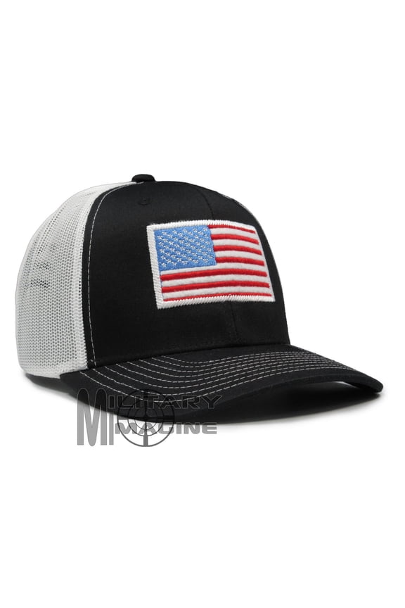 The American US Flag hat Black / White Patriotic cap Trucker Mesh Snapback
