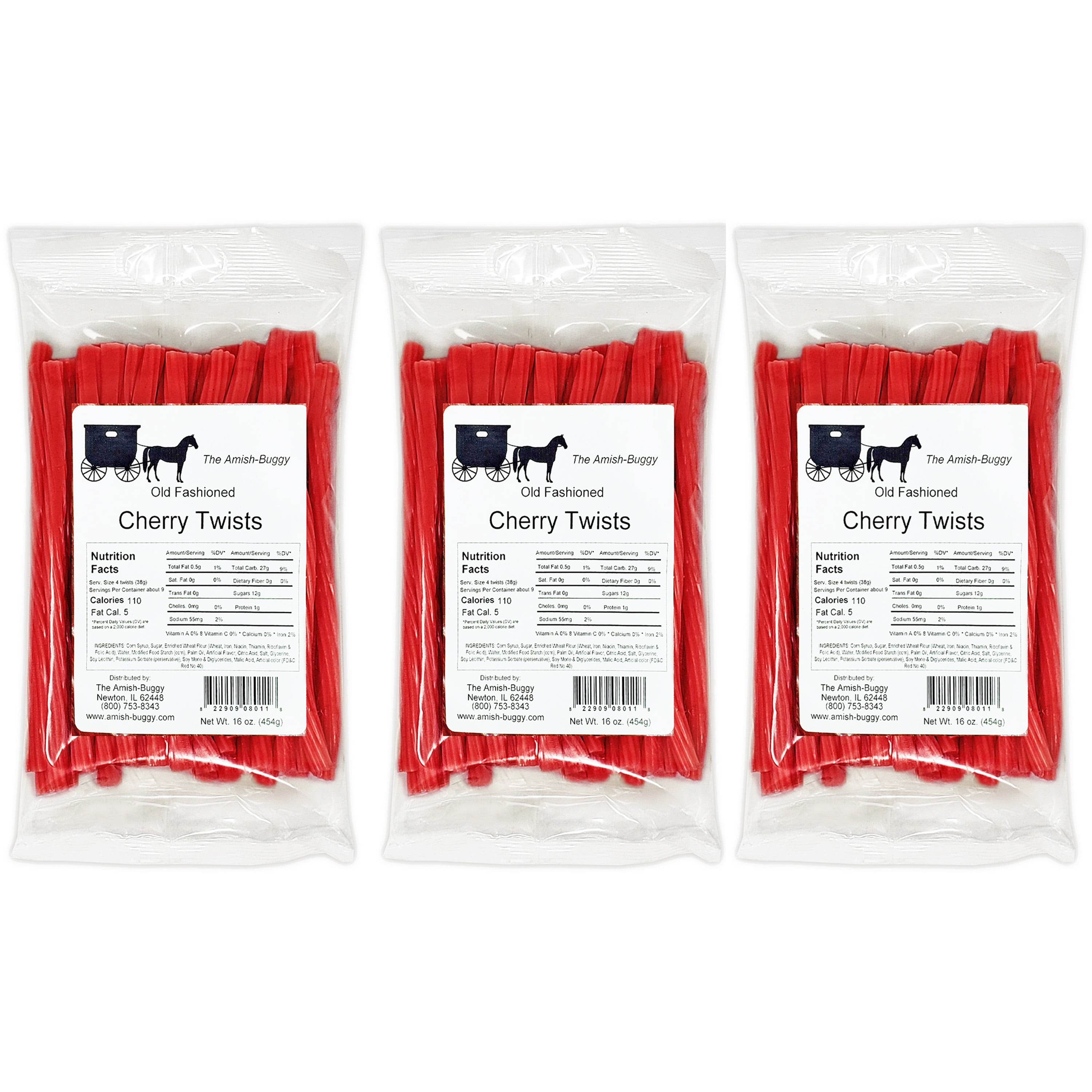 The Amish-Buggy Licorice Twists, Cherry, 3 x 16 Oz Bags