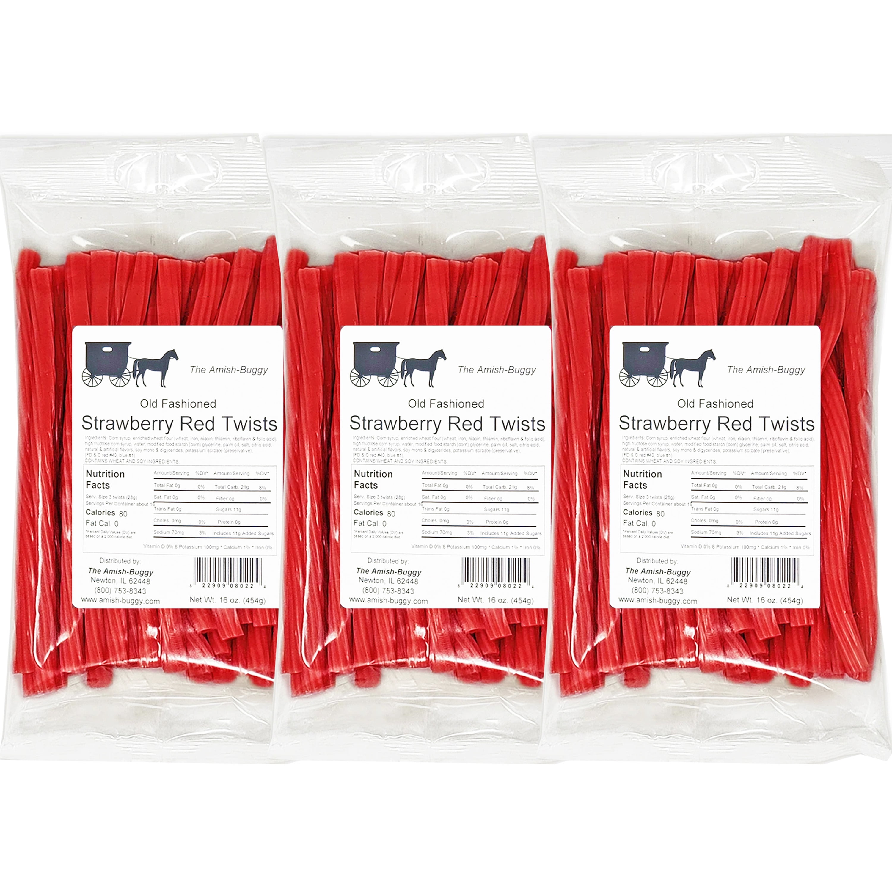 The Amish-Buggy Licorice Twists, Strawberry Red, 3 x 16 Oz Bags
