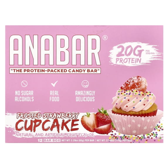 The Anabar The Protein-Packed Candy Bar®, Frosted Strawberry Cupcake, 12 Bars, 2.29 oz (65 g) Each