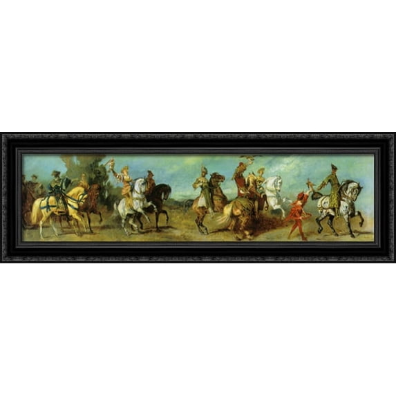 The Anniversary Parade: The Falcon Hunt 40x12 Large Black Ornate Wood Framed Canvas Art by Hans Makart