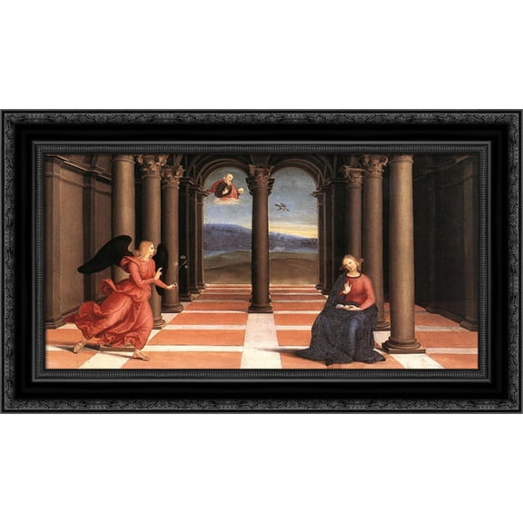 The Annunciation (Oddi altar, predella) 24x16 Black Ornate Wood Framed Canvas Art by Raphael