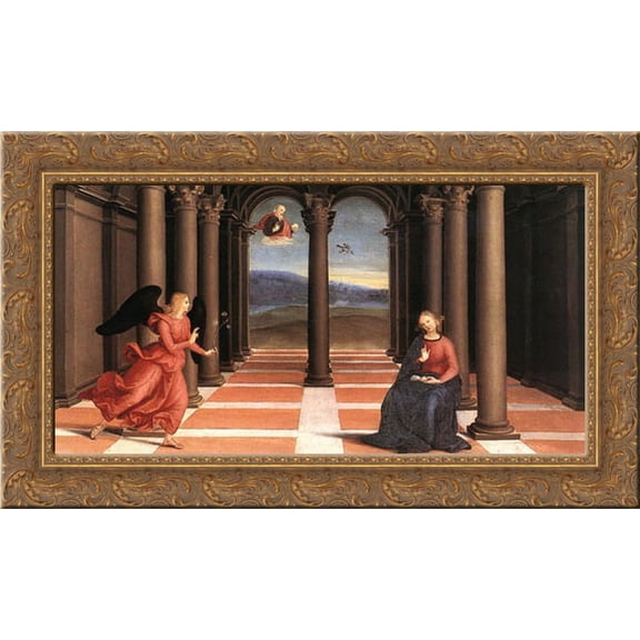 The Annunciation (Oddi altar, predella) 24x16 Gold Ornate Wood Framed Canvas Art by Raphael