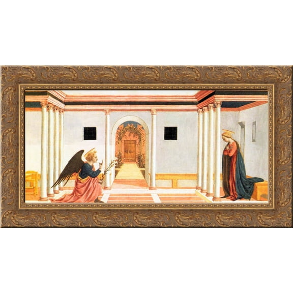 The Annunciation, predella panel from the St. Lucy Altarpiece 24x14 Gold Ornate Wood Framed Canvas Art by Domenico Veneziano